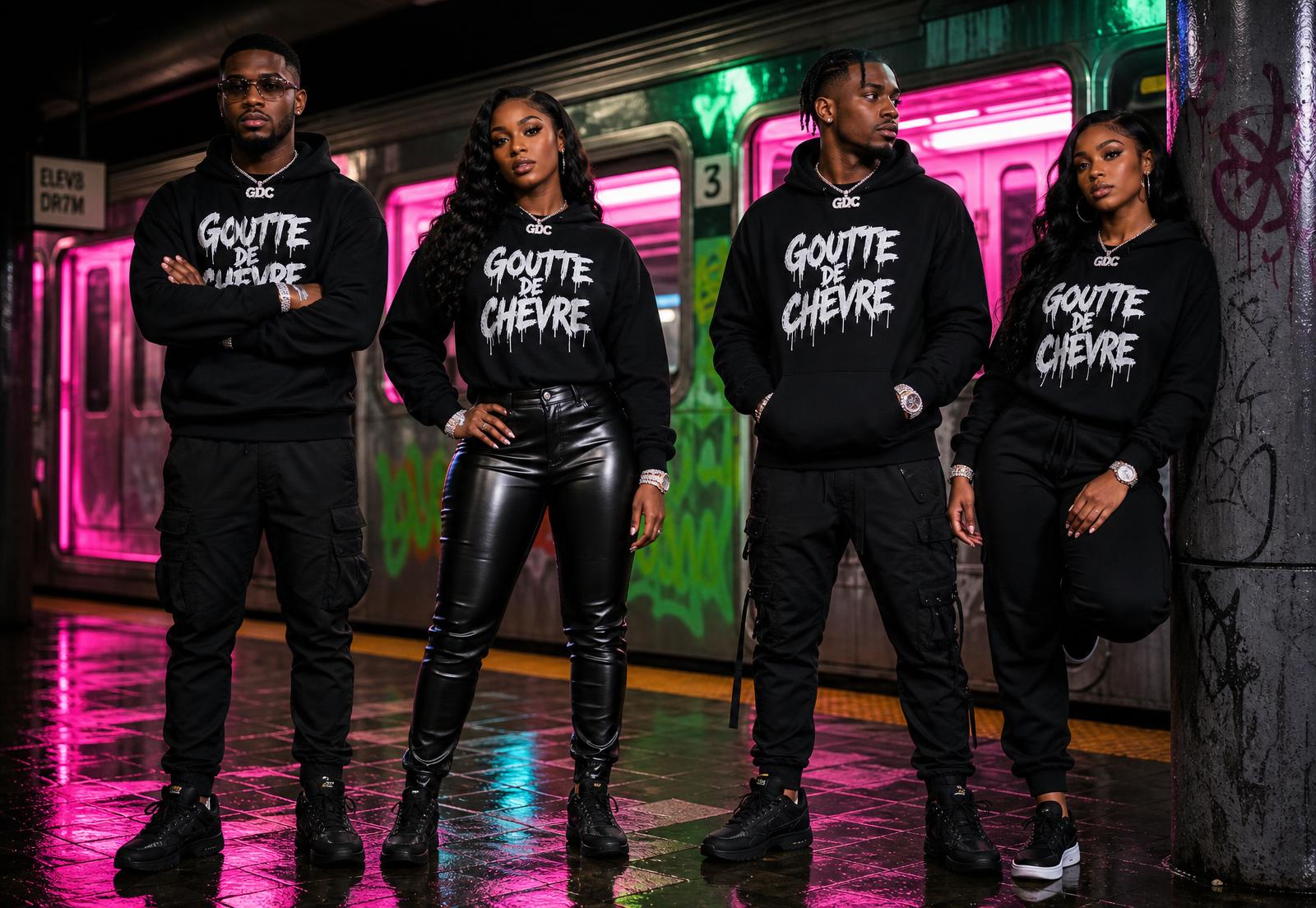 Two models wearing Goutte de chèvre hoodies and mesh shorts in a neon-lit graffiti alley